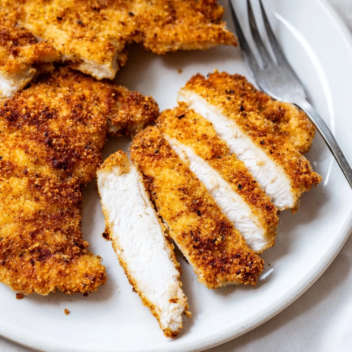 Golden brown crispy chicken fried chicken served on a wire rack with visible seasoned coating