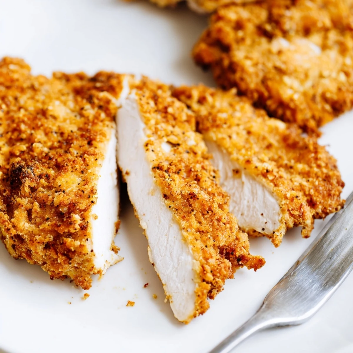 Southern-style crispy chicken fried chicken displaying double-dipped breading and tender juicy meat inside