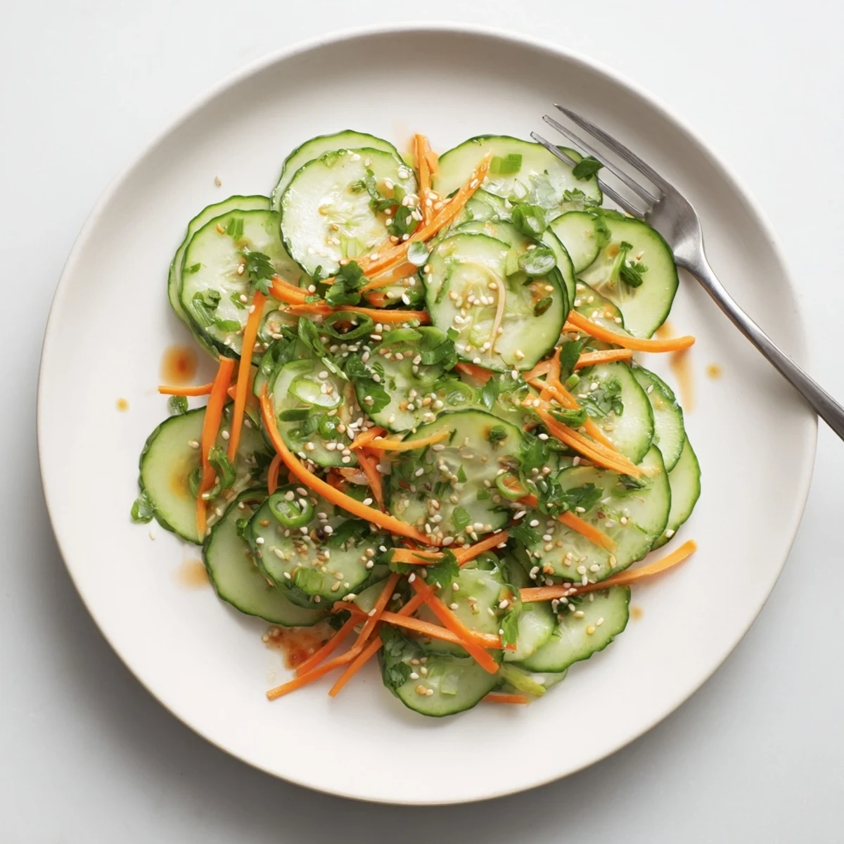 Golden bowl of crisp Asian cucumber salad with sesame seeds and fresh cilantro garnish
