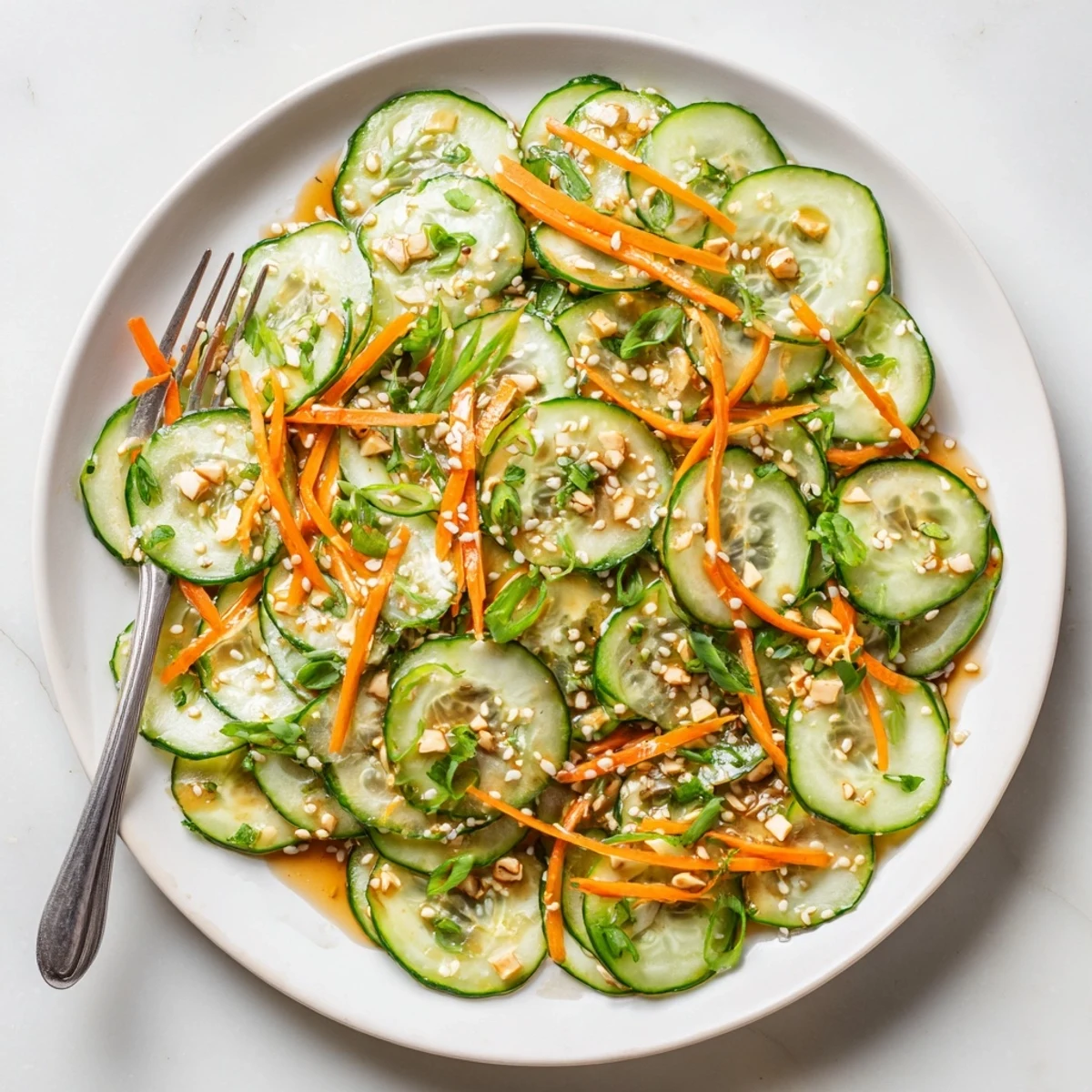 Vibrant cucumber slices marinated in tangy sesame soy dressing topped with toasted sesame seeds