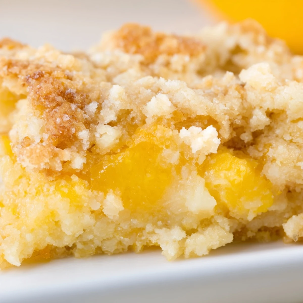 Warm citrus lemon dump cake served with whipped cream in a white baking dish