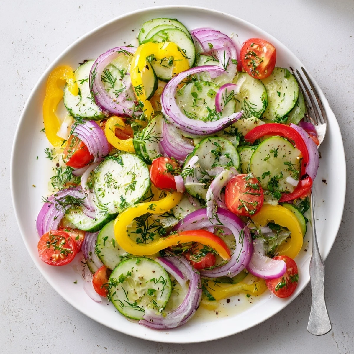 Fresh cucumber and sweet pepper salad with crisp vegetables in zesty herby dressing