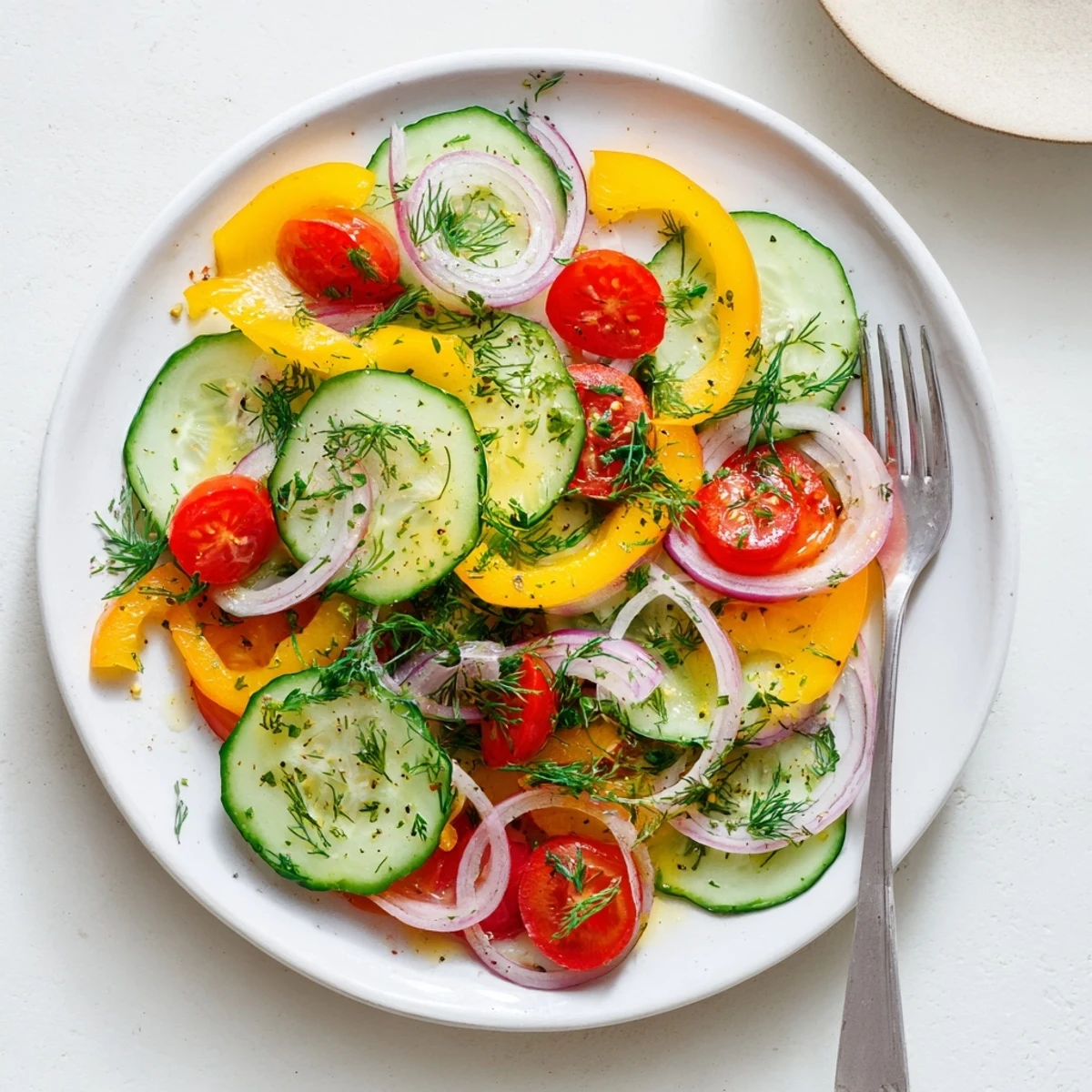 Colorful bowl of cucumber and sweet pepper salad featuring vibrant bell peppers and tomatoes