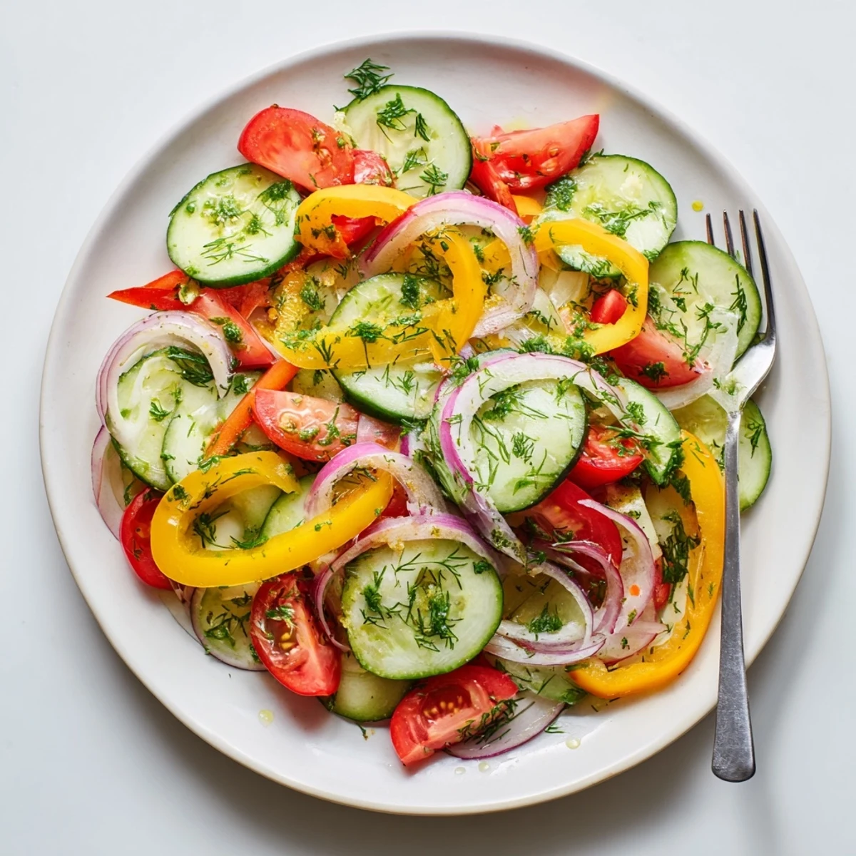 Close-up of cucumber and sweet pepper salad tossed with parsley and lemon vinaigrette