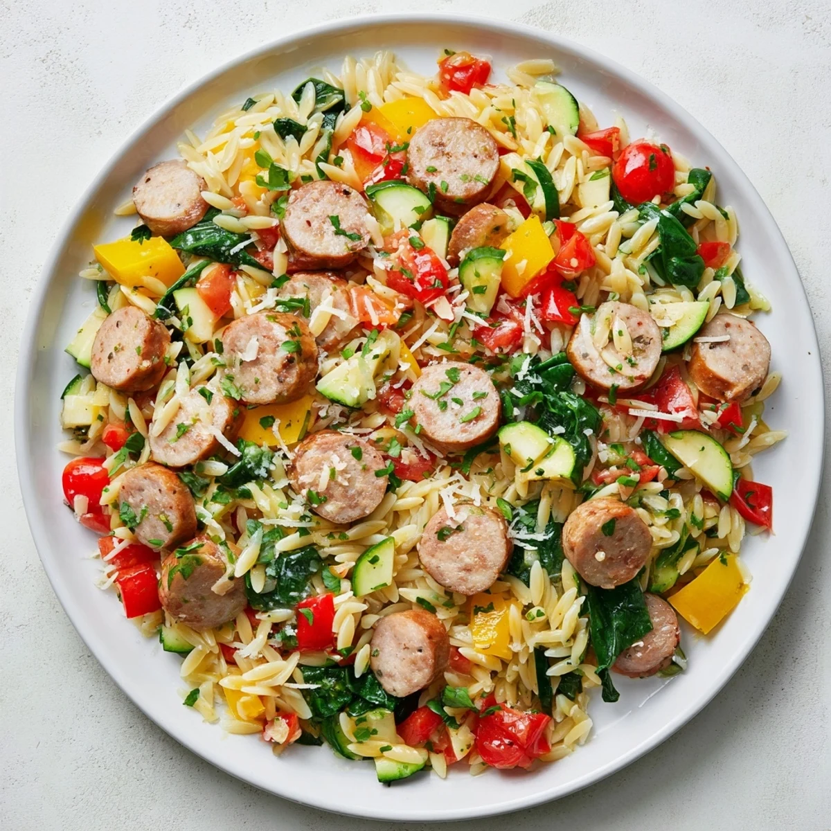 Golden chicken sausage orzo one pot meal with vibrant vegetables and fresh spinach