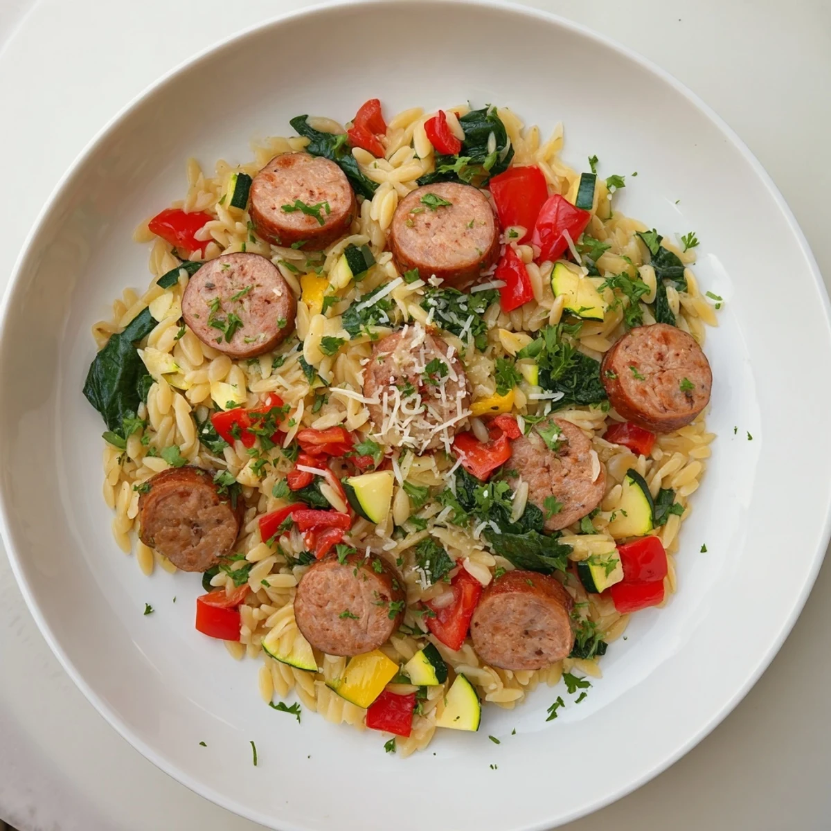 Creamy chicken sausage orzo simmered in one pot with diced tomatoes and herbs
