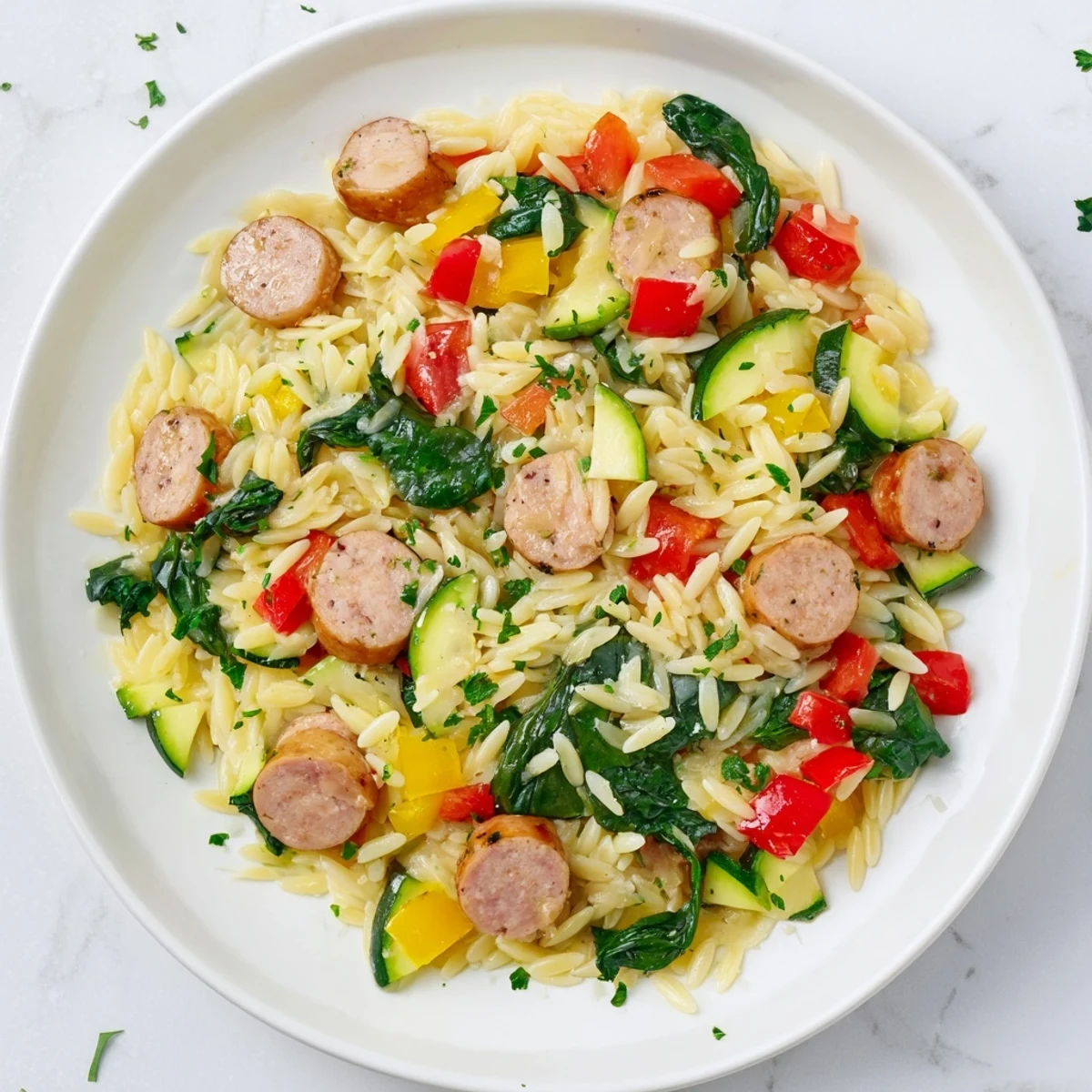 Hearty chicken sausage orzo one pot dish topped with parmesan and fresh basil