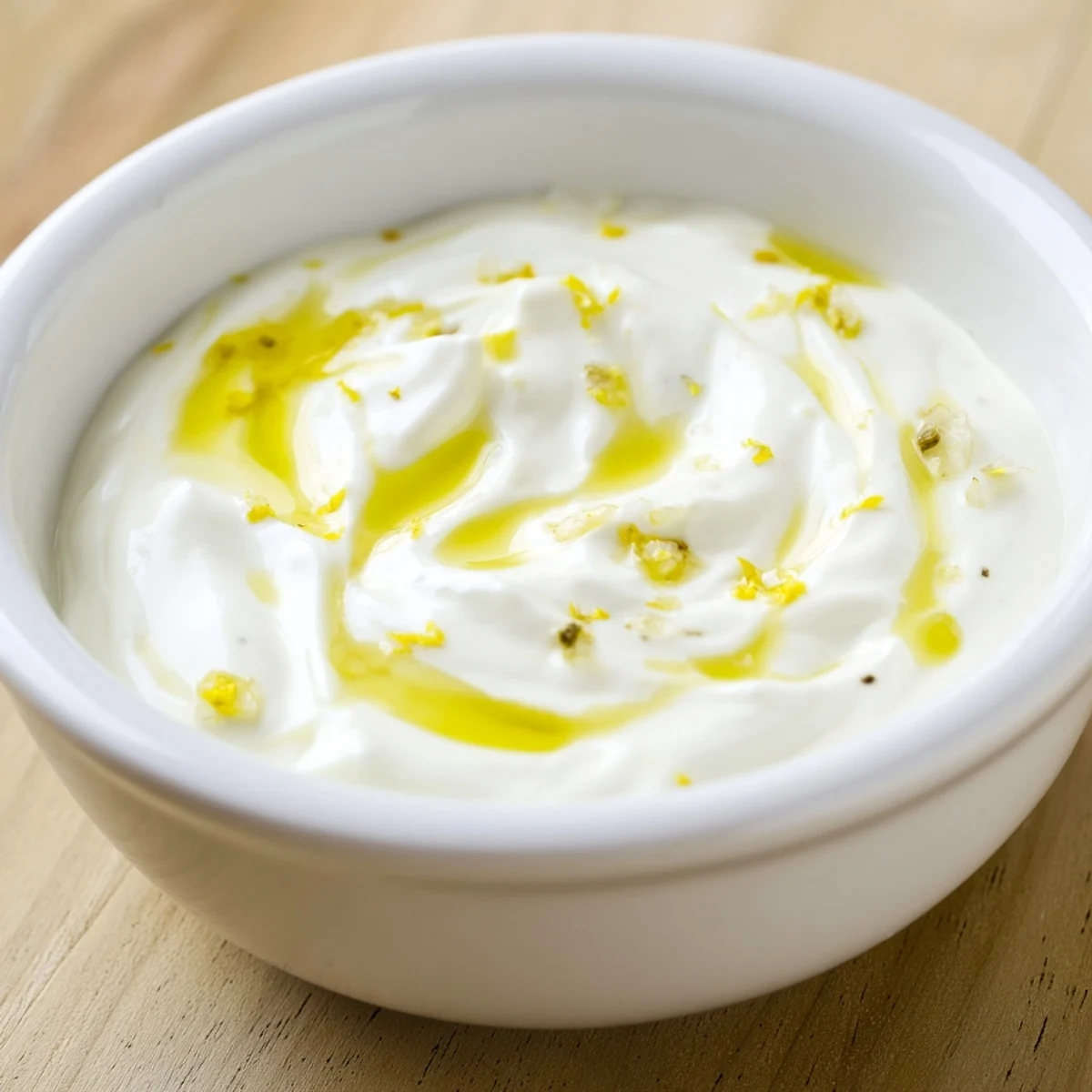 Golden creamy lemon vinaigrette drizzled over fresh green salad in white bowl