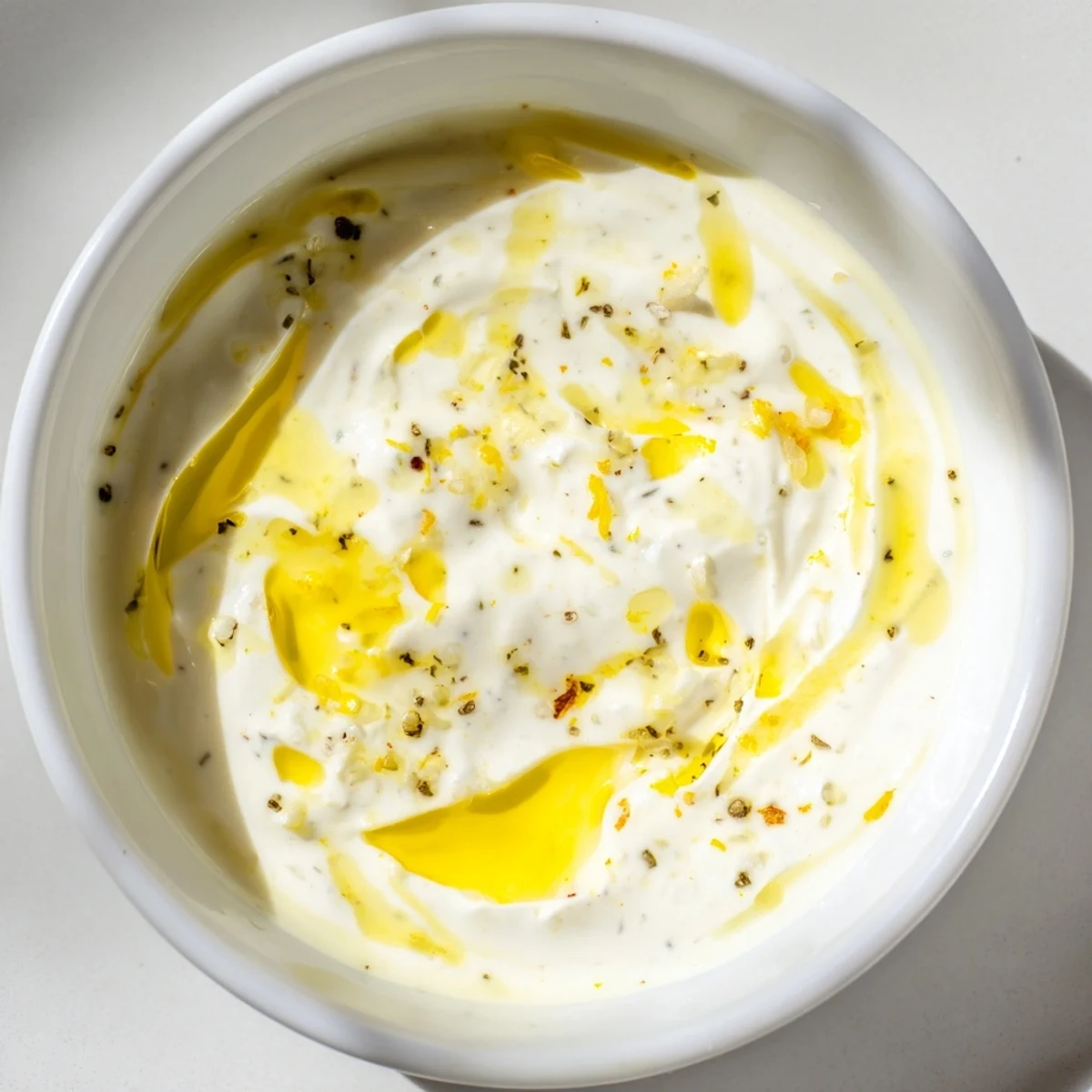 Thick smooth creamy lemon vinaigrette poured from spoon onto vibrant vegetable salad