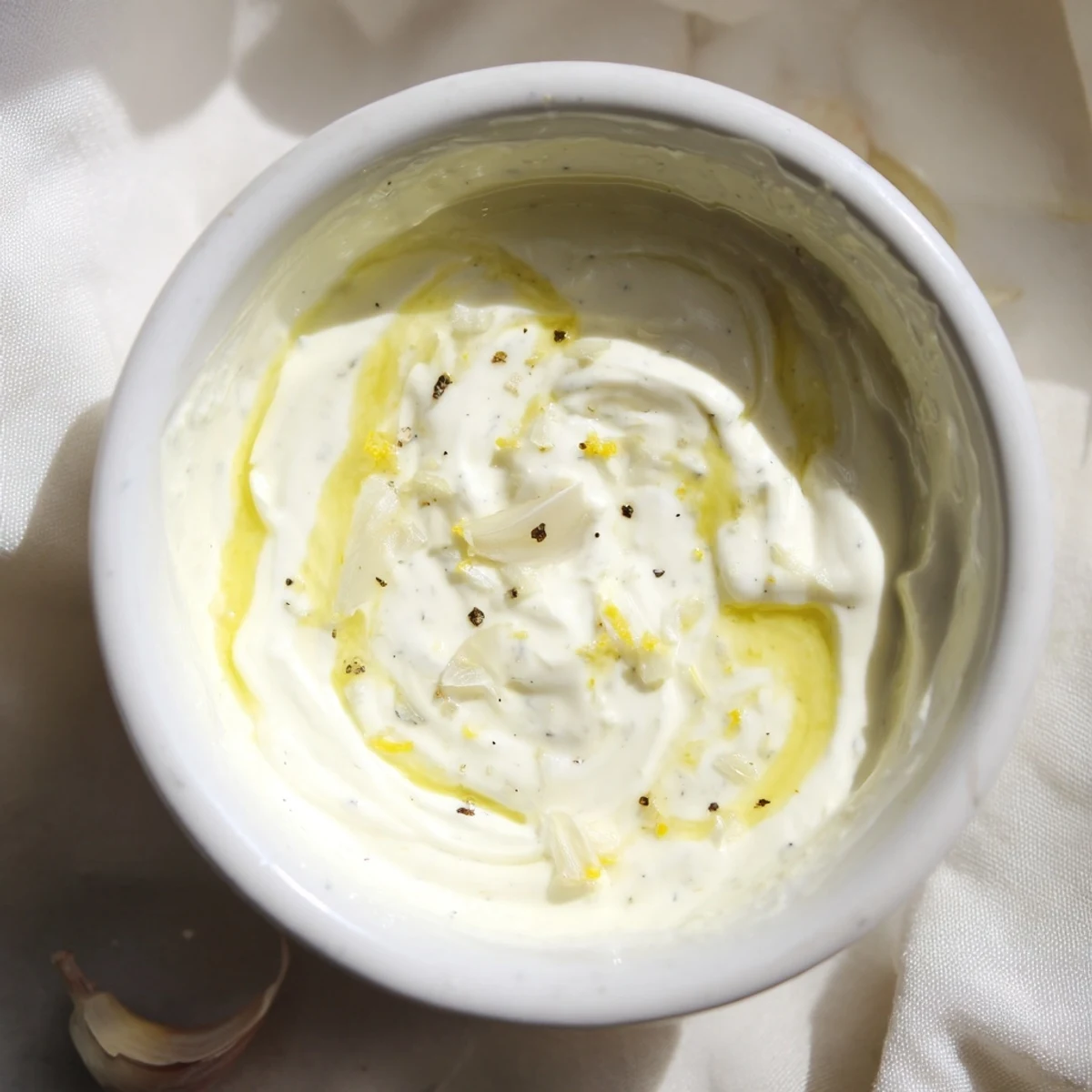 Small glass jar filled with homemade creamy lemon vinaigrette dressing with visible lemon zest