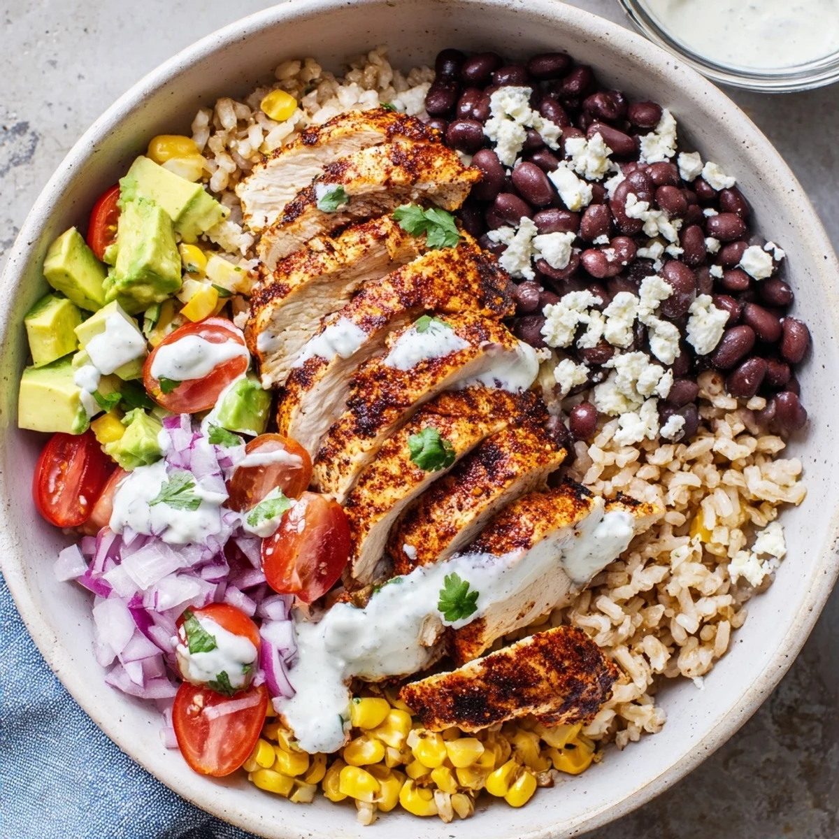 Hearty Mexican-inspired protein packed street corn chicken bowl loaded with black beans, avocado, and zesty dressing