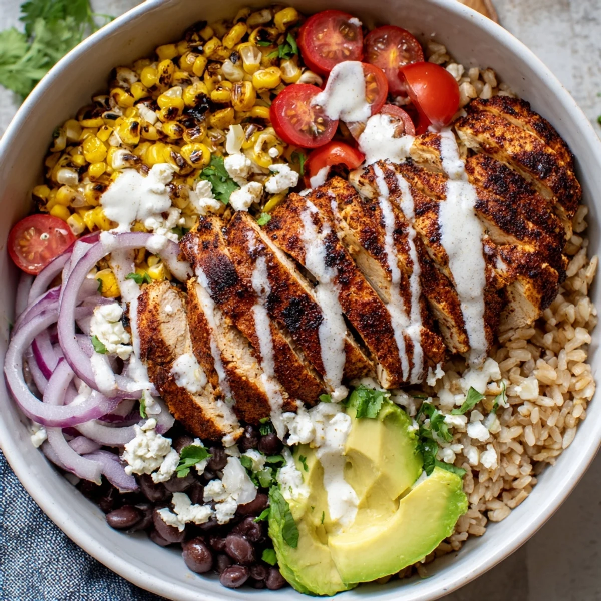 Vibrant protein packed street corn chicken bowl featuring grilled chicken, charred corn, and creamy yogurt-lime drizzle