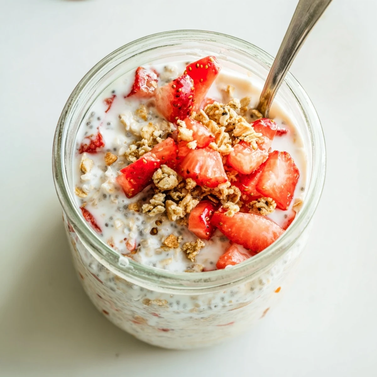 Glass jar filled with creamy strawberries and cream overnight oats topped with fresh strawberry slices and granola