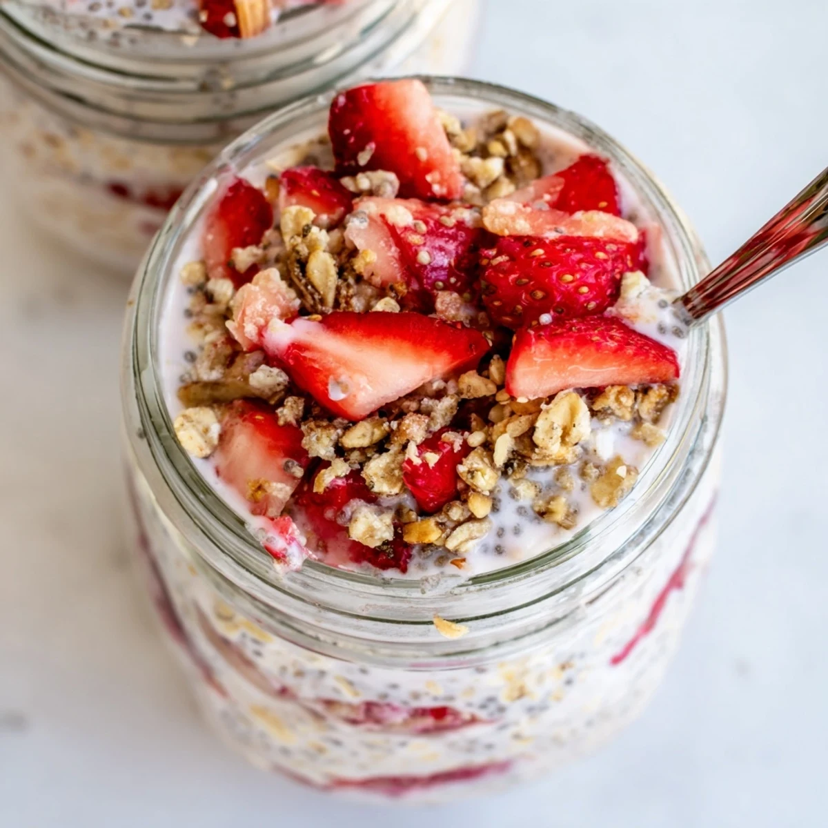 Spoon lifting delicious strawberries and cream overnight oats with chia seeds and vanilla from a clear mason jar