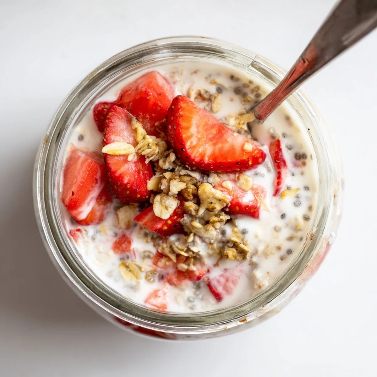 Close-up of strawberries and cream overnight oats with Greek yogurt and sweet strawberry jam swirled throughout