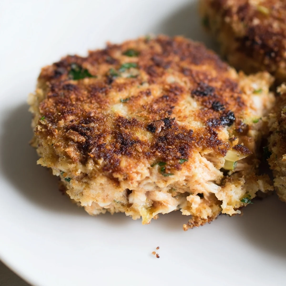 Golden brown crispy easy salmon cakes with canned salmon served on white plate