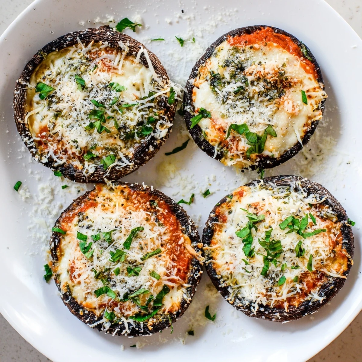 Hearty stuffed lasagna portobellos bubbling with marinara and three cheeses on a parchment-lined baking sheet