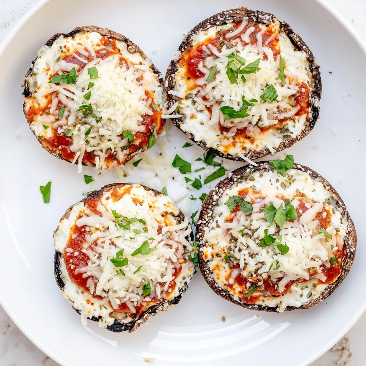 Golden-baked portobello mushrooms stuffed with ricotta and melted mozzarella cheese atop red marinara sauce