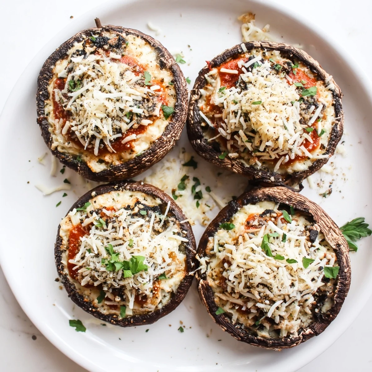 Low-carb portobello mushroom caps filled with creamy ricotta mixture topped with bubbly golden mozzarella cheese