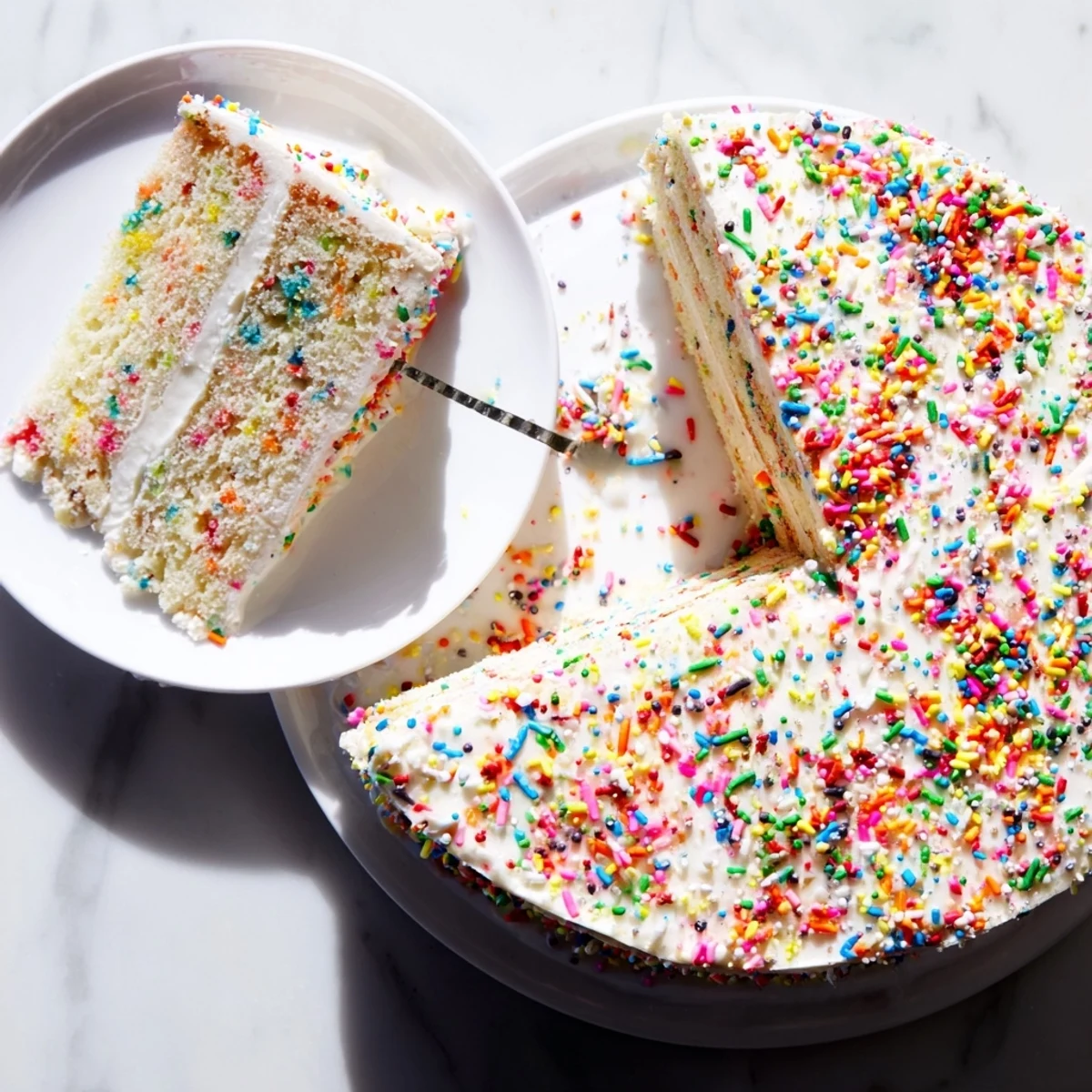 Frosted gluten-free funfetti birthday cake topped with rainbow sprinkles on a white serving plate, sliced to reveal moist vanilla crumb and colorful confetti bits throughout.