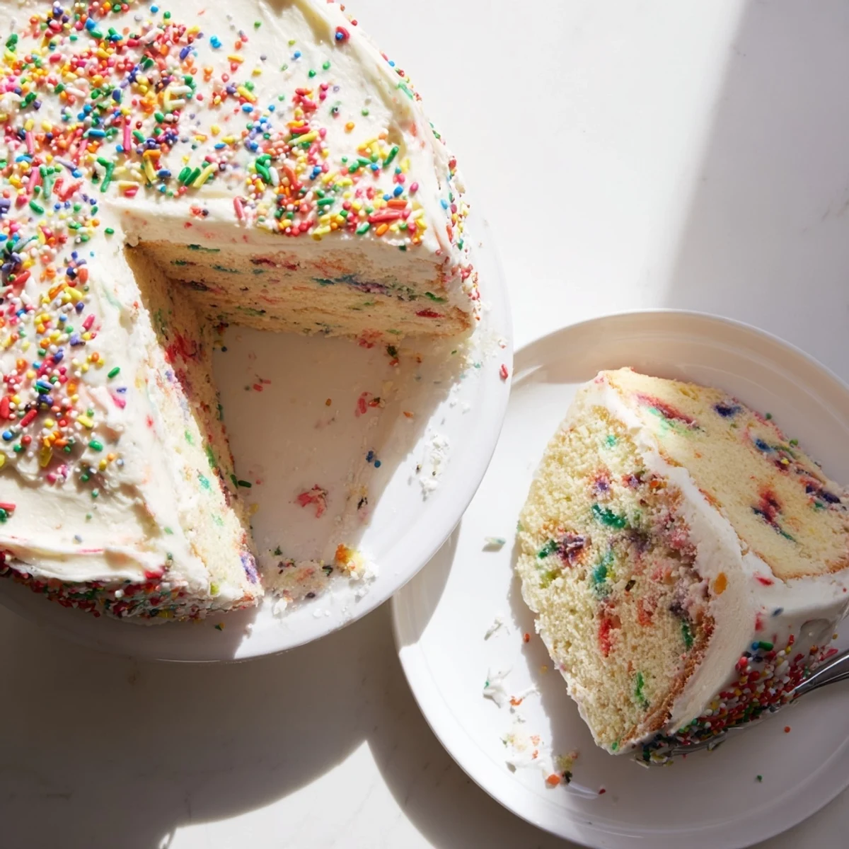 Two-layer gluten-free funfetti birthday cake with creamy white buttercream frosting, covered in vibrant rainbow sprinkles and decorated for a festive celebration.