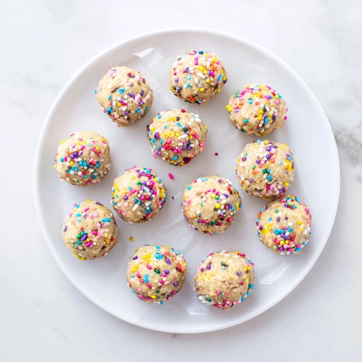 Birthday cake batter protein balls covered in rainbow sprinkles on a white plate