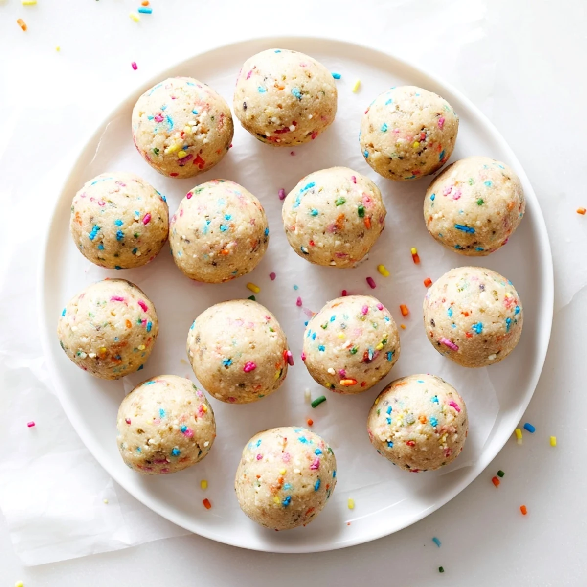 Soft no-bake birthday cake batter protein balls with colorful sprinkles and vanilla essence