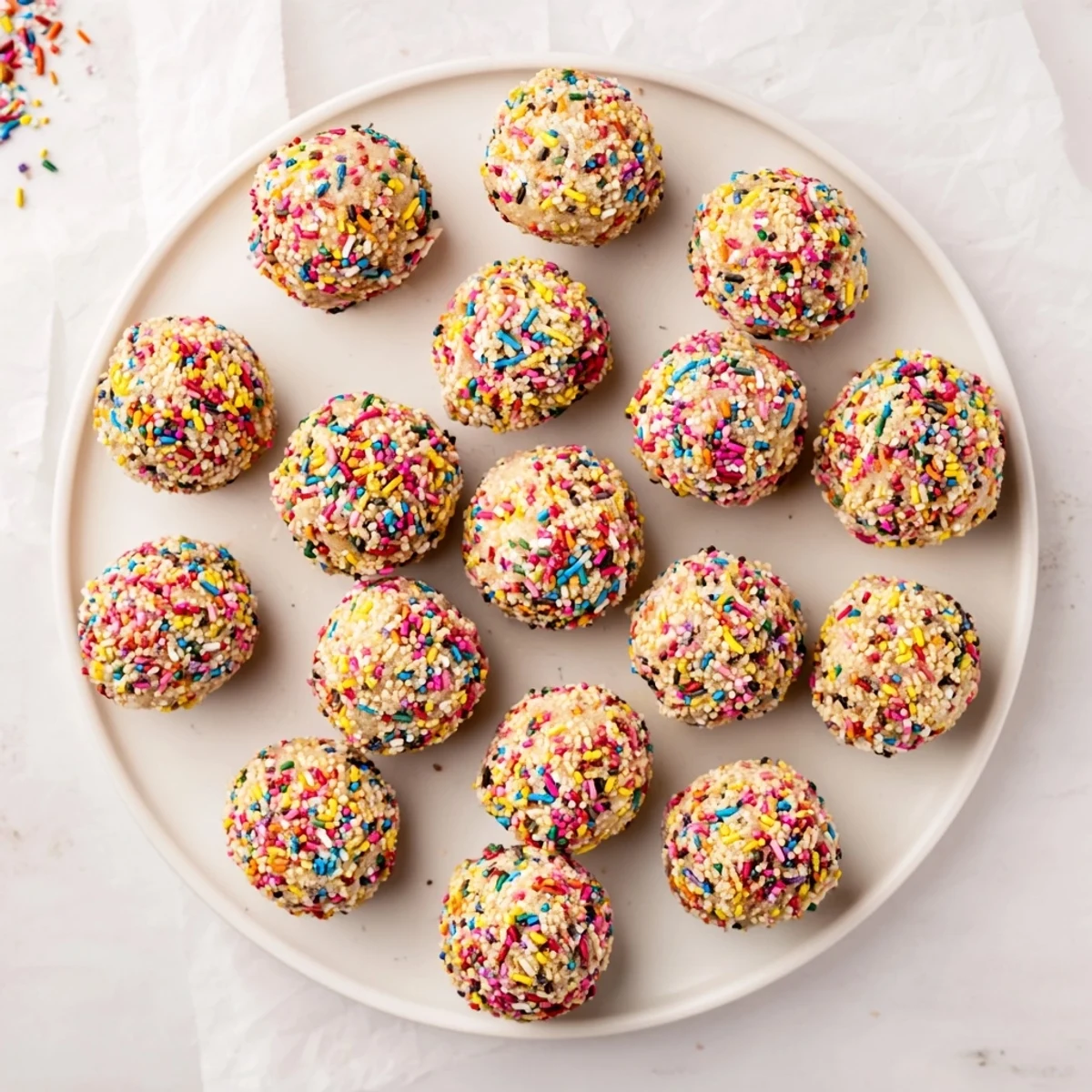 Close-up of birthday cake batter protein balls rolled in bright festive rainbow sprinkles