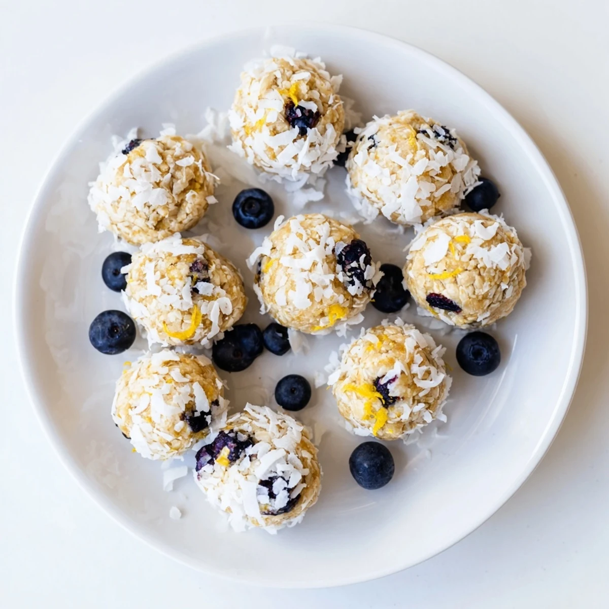 Fresh lemon blueberry cottage cheese protein bites rolled in coconut with plump blueberries visible