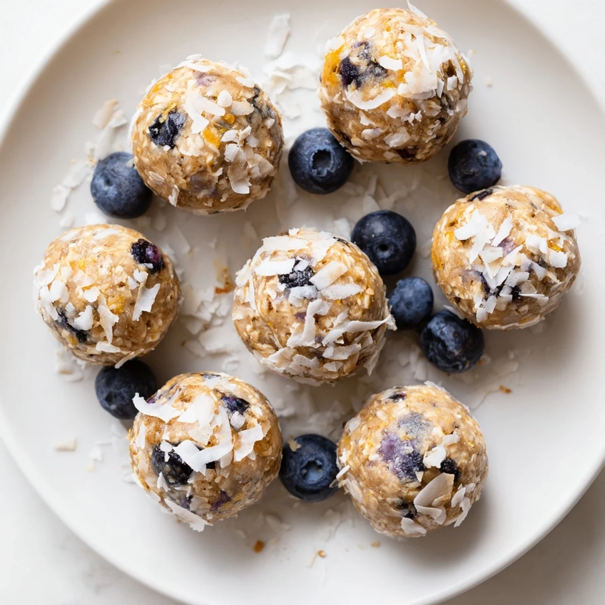 No-bake lemon blueberry cottage cheese protein bites arranged on white plate with coconut coating