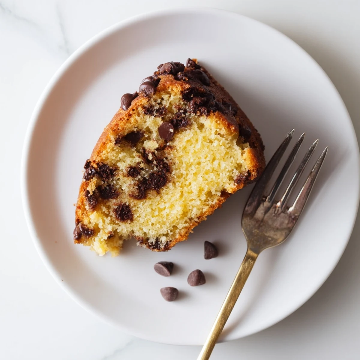Golden homemade chocolate chip cake with melted chocolate morsels on a fluffy vanilla crumb
