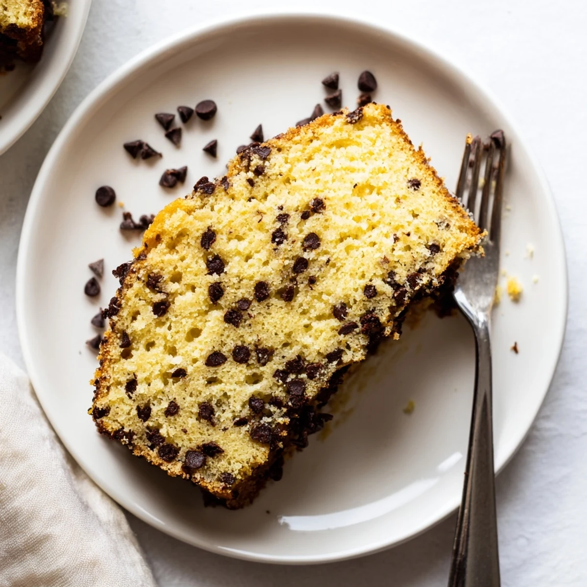 Sliced chocolate chip cake served on a white plate with visible chocolate chip speckles