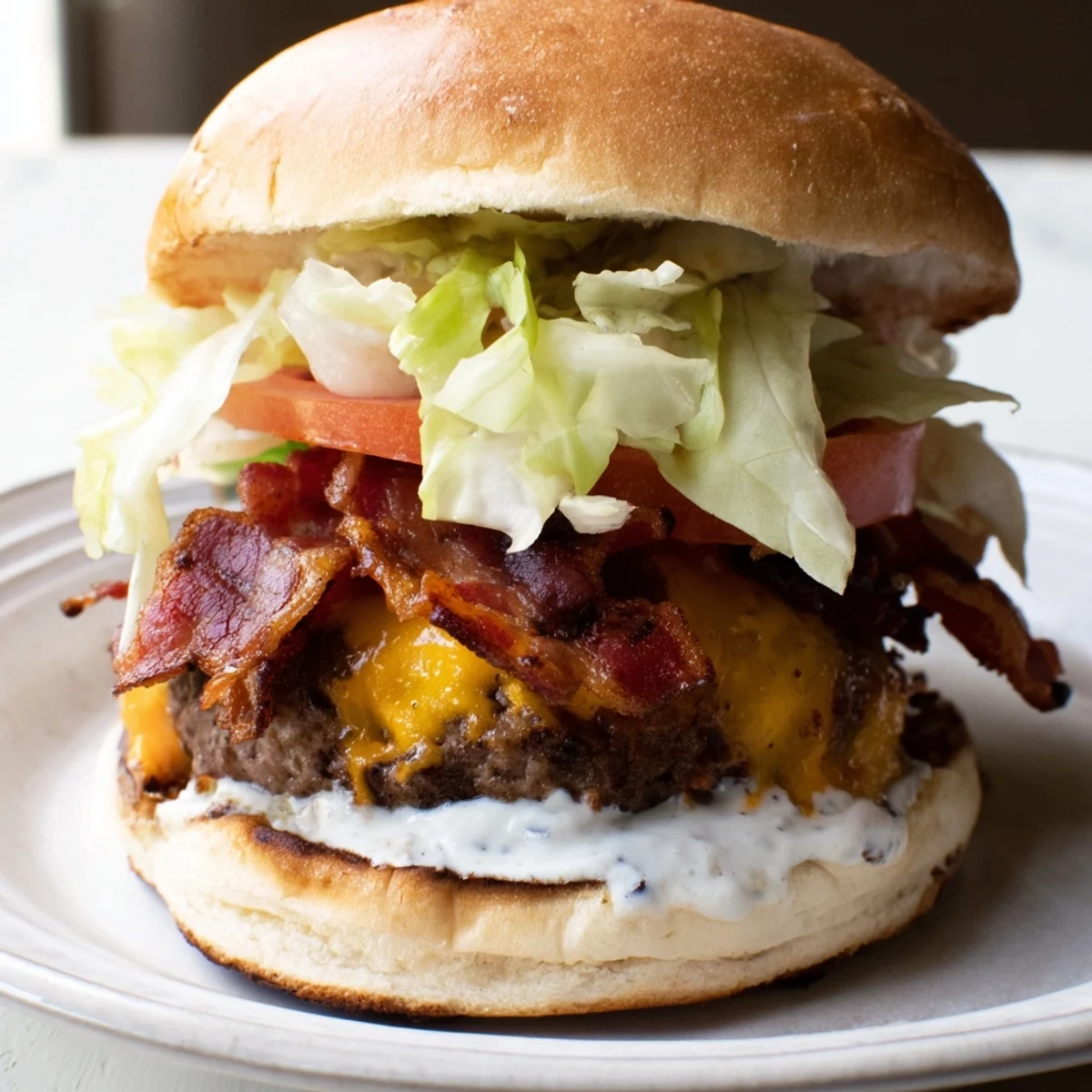 Golden Crack Burgers featuring beef patties topped with crispy bacon slices and tangy ranch dressing