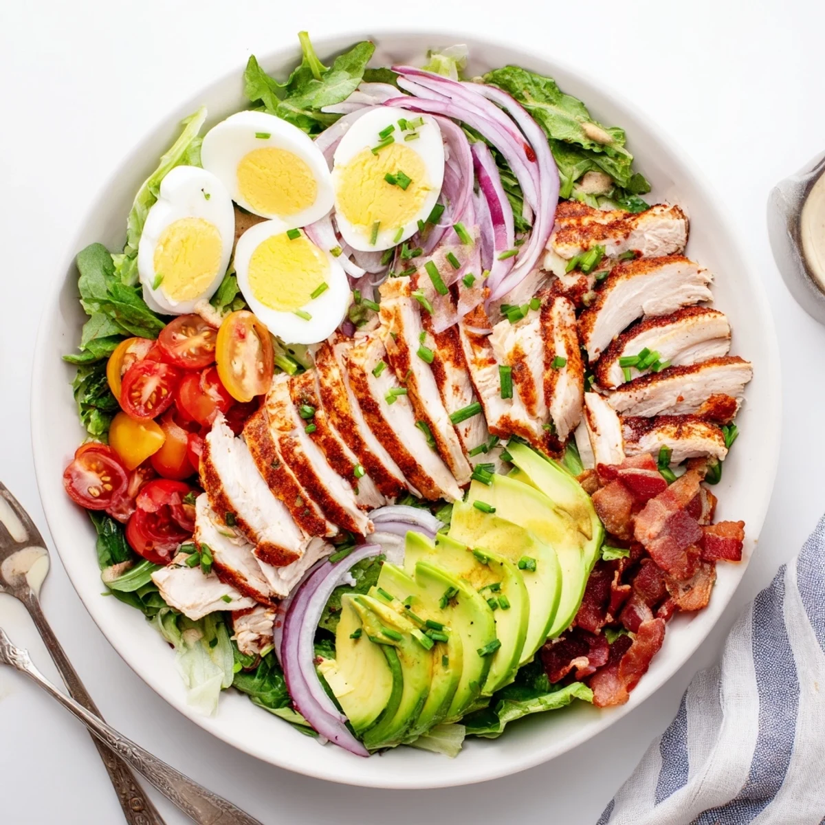 Colorful Paleo Grilled Chicken Cobb Salad topped with avocado, bacon, and hard-boiled eggs