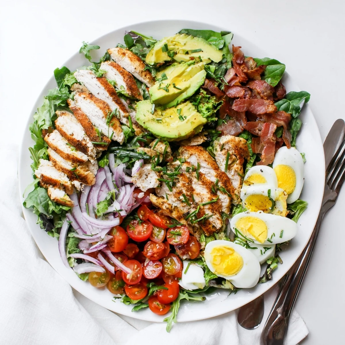 Vibrant bowl of Paleo Grilled Chicken Cobb Salad drizzled with honey Dijon dressing