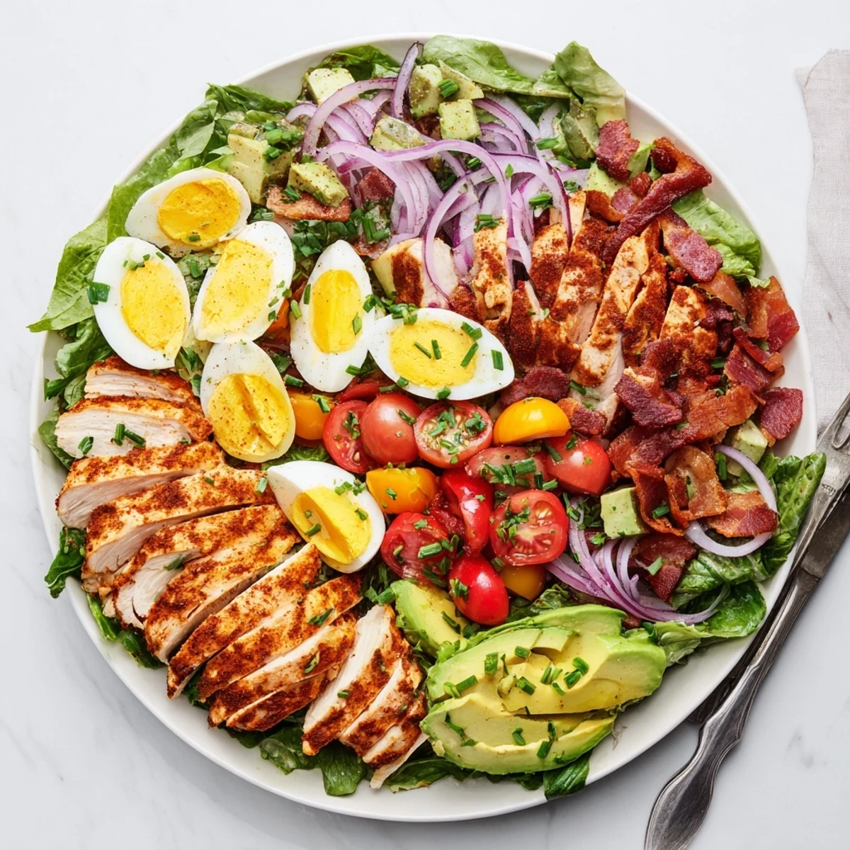 Sliced grilled chicken over fresh Paleo Grilled Chicken Cobb Salad with crisp vegetables