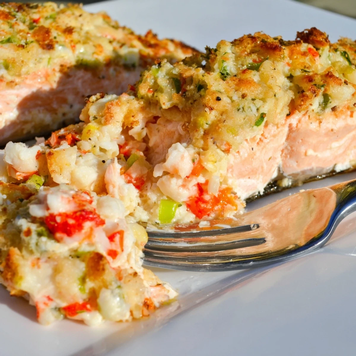 Golden baked crab and shrimp stuffed salmon fillets with savory seafood filling and melted butter