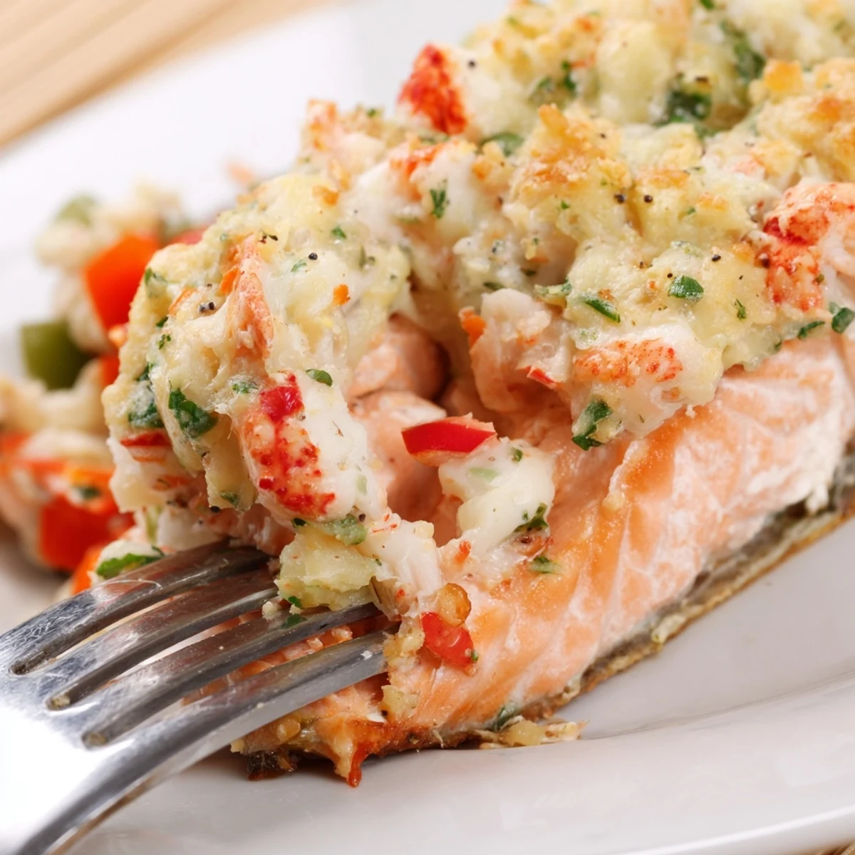 Elegant roasted salmon featuring a generous crab and shrimp stuffing topped with fresh herbs