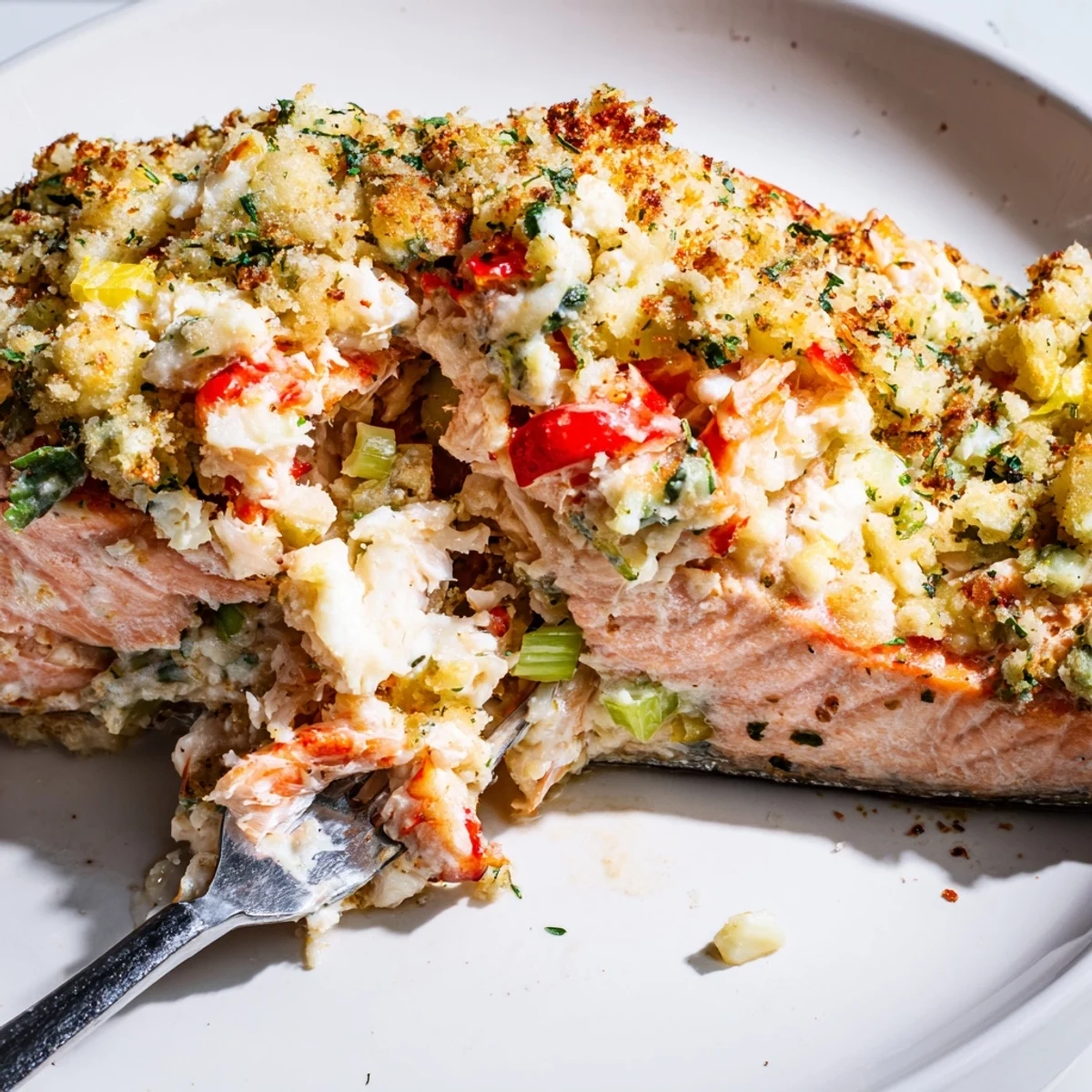 Juicy salmon pocket overflowing with lump crab and shrimp mixture baked to golden perfection