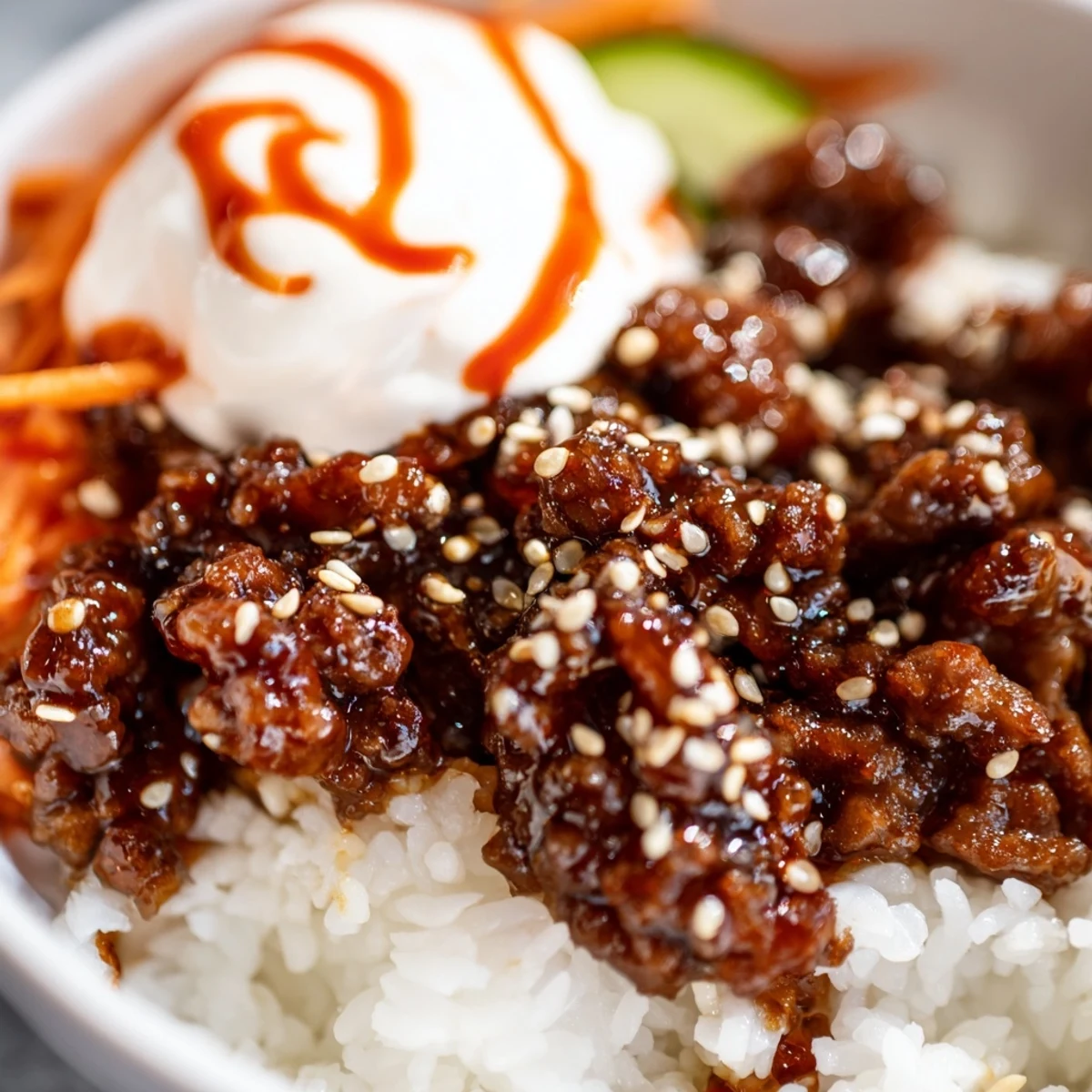 Vibrant Korean beef bowl featuring caramelized ground meat topped with creamy spicy mayo and fresh veggie garnish