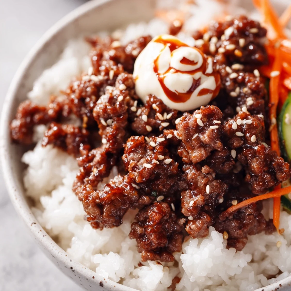 Steaming Korean beef bowl with spicy mayo showcasing tender meat crisp cucumber carrots and nutty sesame seeds