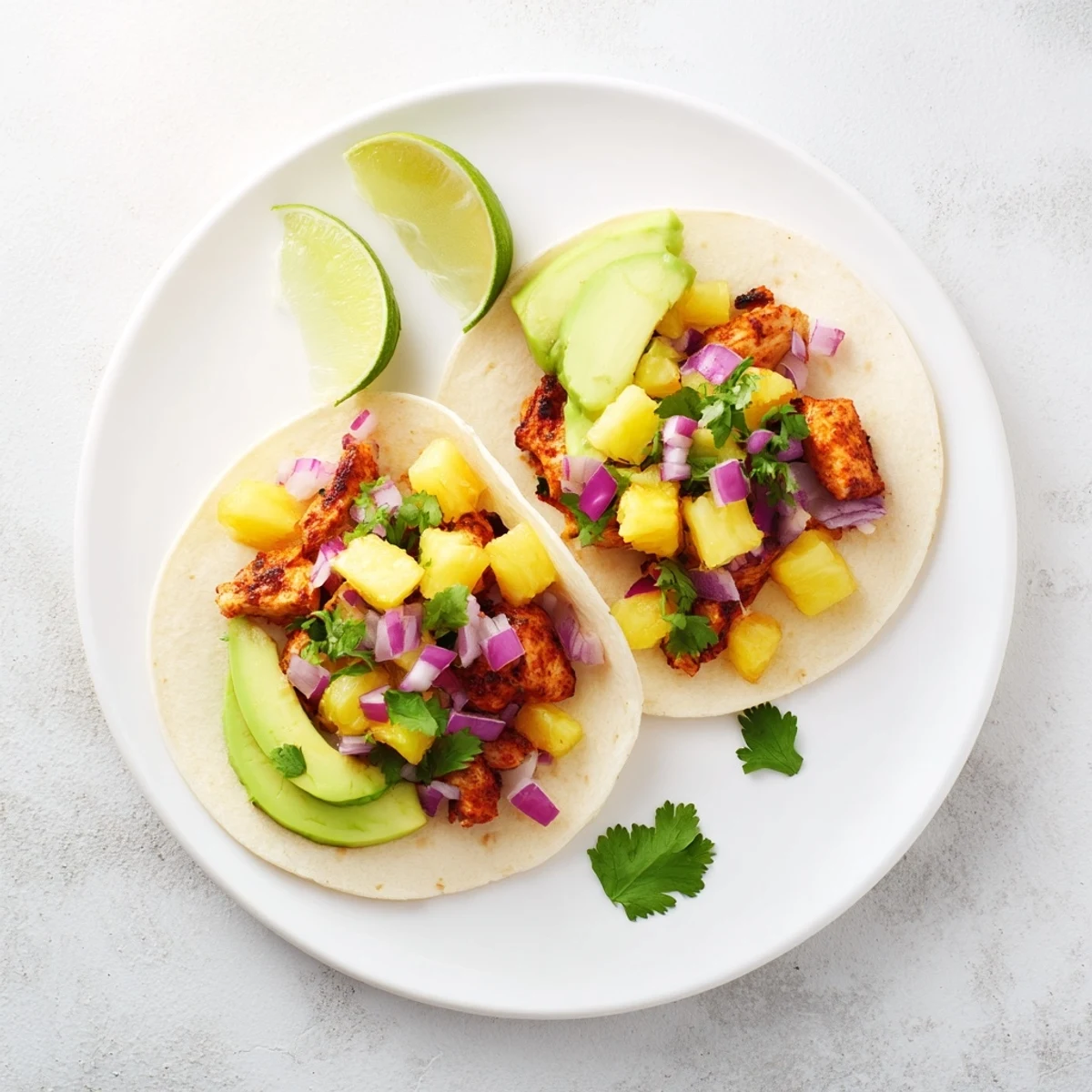 Golden pineapple chicken tacos loaded with fresh salsa and creamy avocado slices on warm tortillas