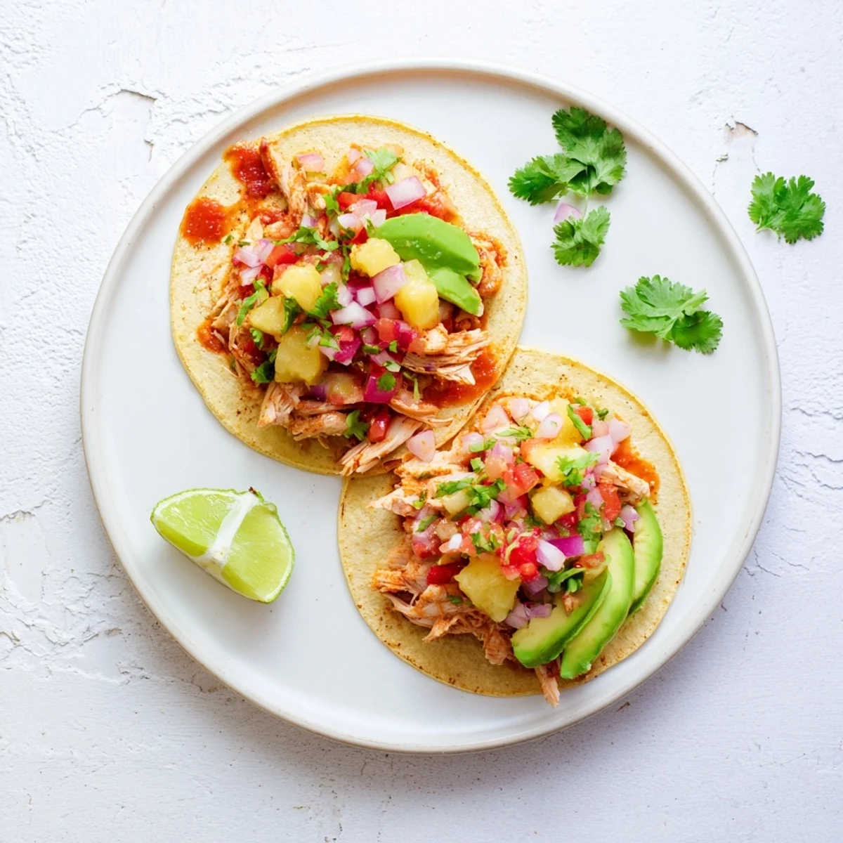 Vibrant pineapple chicken tacos featuring juicy spiced chicken topped with colorful fruit salsa and cilantro