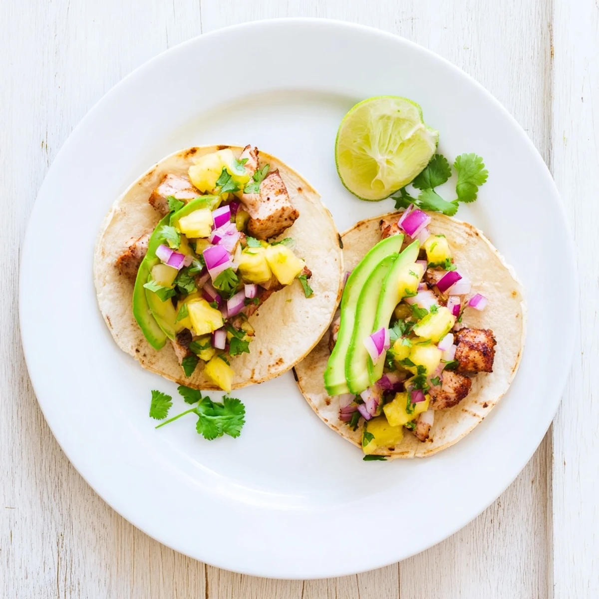 Delicious pineapple chicken tacos with grilled chicken pieces, bright pineapple salsa, and sliced avocado garnish