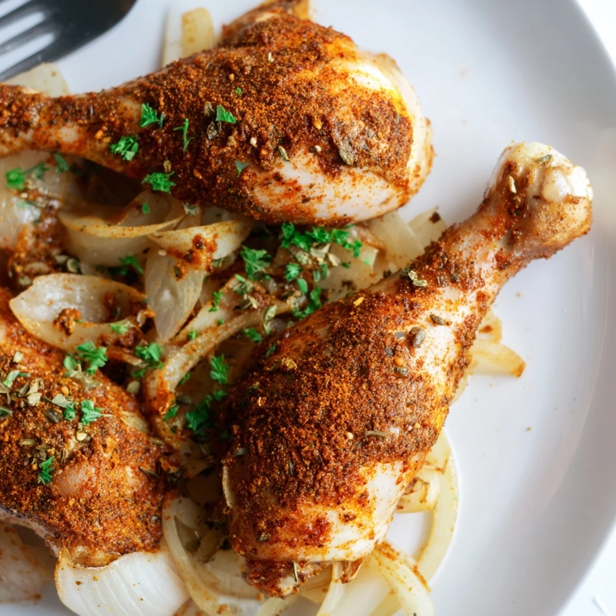 Golden brown Crockpot chicken legs garnished with fresh parsley on a white serving plate