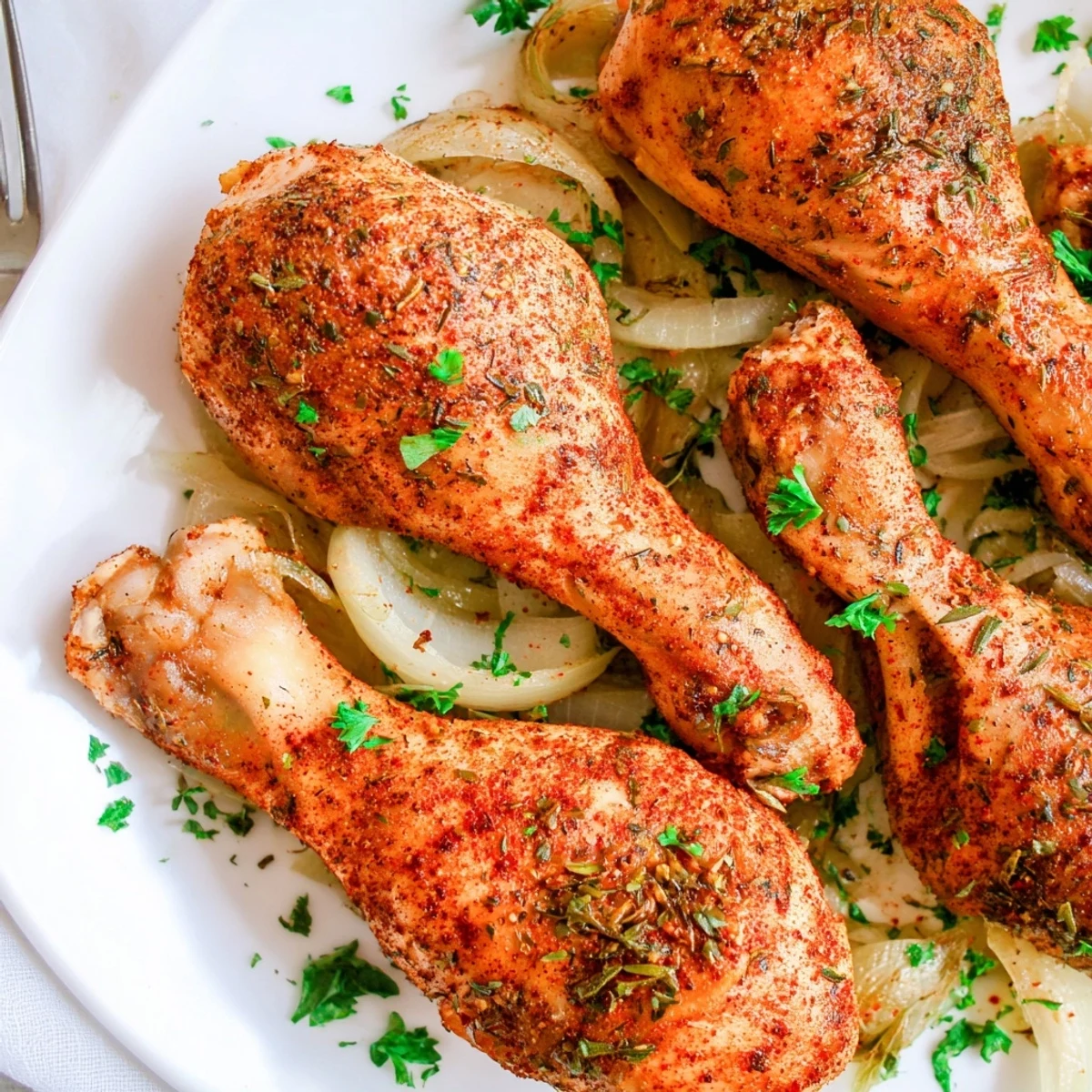 Tender slow-cooked chicken legs resting atop caramelized sliced onions in a crockpot