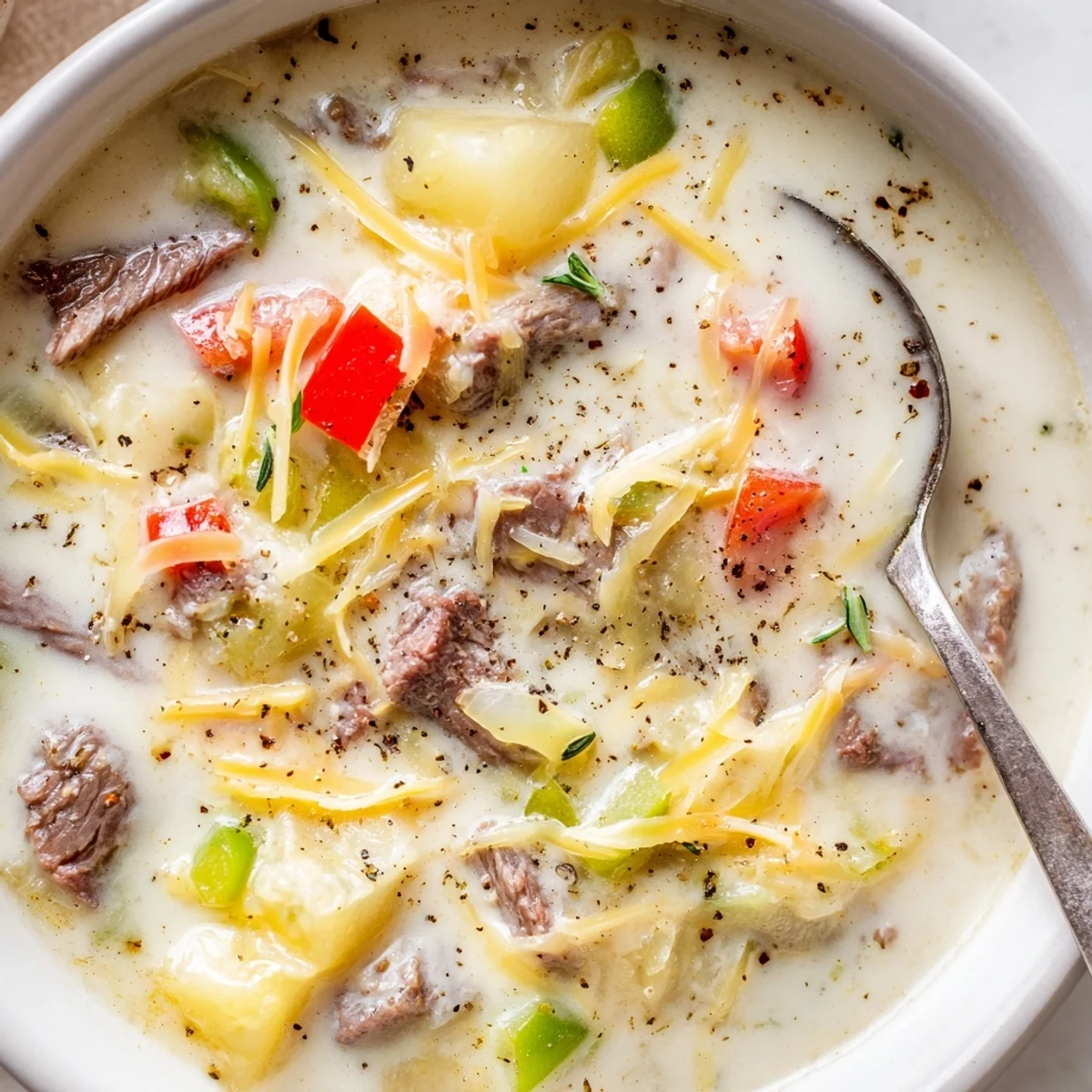 Hearty beef and vegetable Philly cheesesteak soup simmering in a rustic Dutch oven