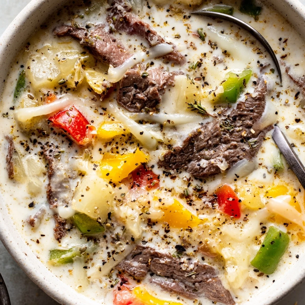 Creamy Philly cheesesteak soup bowl topped with melted provolone and croutons