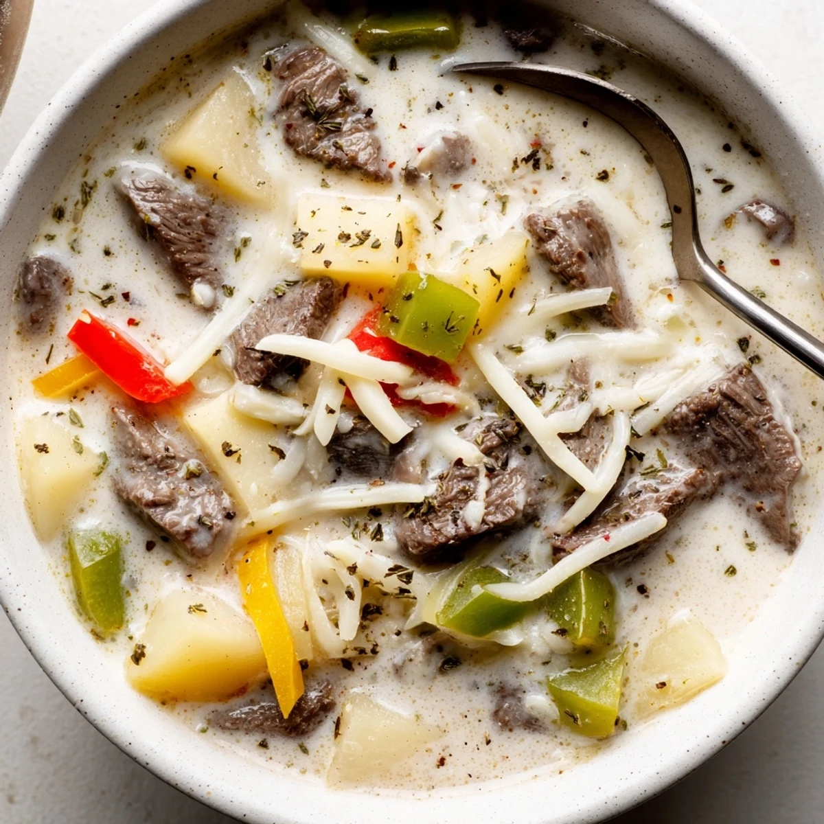 Spoon lifting rich Philly cheesesteak soup with tender beef strips and peppers