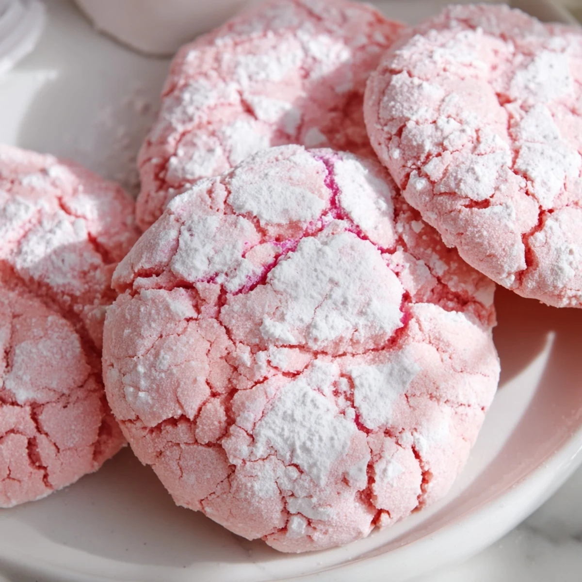 Soft pastel Springtime crinkle cookies with cracked tops dusted in powdered sugar on a white plate